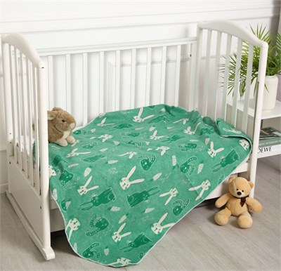 Одеяло детское байковое жаккард. "Зайки" зелёное, 100% хлопок всесезонное . 3172